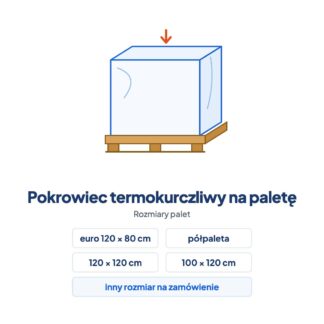Pokrowiec termokurczliwy na paletę: rozmiary euro 120 × 80 cm, półpaleta, 120 × 120 cm, 100 × 120 cm i inne na zamówienie