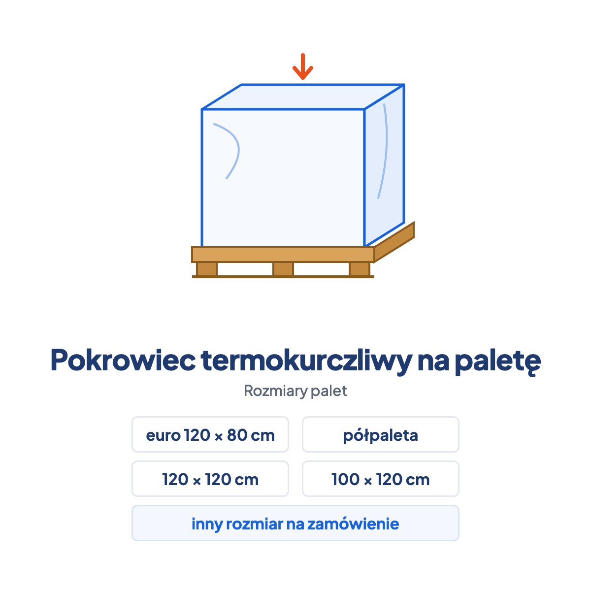 Pokrowiec termokurczliwy na paletę: rozmiary euro 120 × 80 cm, półpaleta, 120 × 120 cm, 100 × 120 cm i inne na zamówienie